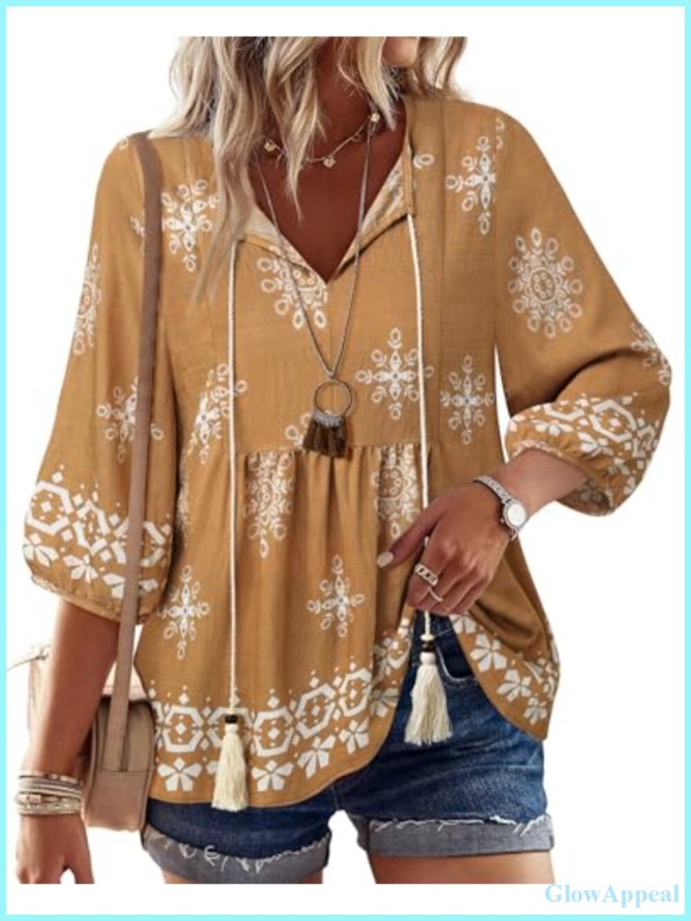 Womens Boho Babydoll Peplum Blouse 3/4 Sleeve V-Neck Tie Front Tunic Top